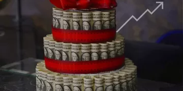 PASTEL DE BILLETES CON MOÑO ROJO Y FLECHA DE CRECIIENTO QUE FESTEJA EL AUMENTO AL SALARIO MMÍNIMO EN MÉXICO PARA 2024: ...