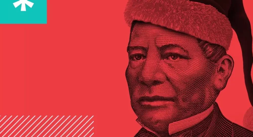 Fondo rojo y un billete de benito juarez con gorro navideños: ...