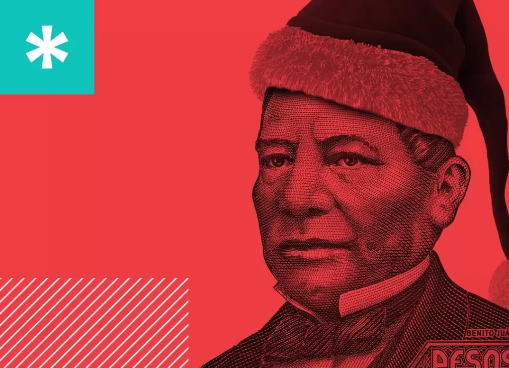 Fondo rojo y un billete de benito juarez con gorro navideños: ...